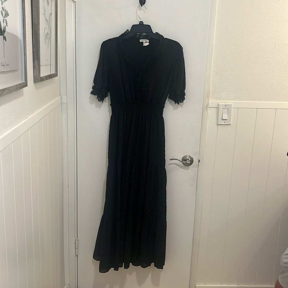 Maxi Studio Black Maxi Dress w/Black shiny polka dots & flutter Sleeves Size M